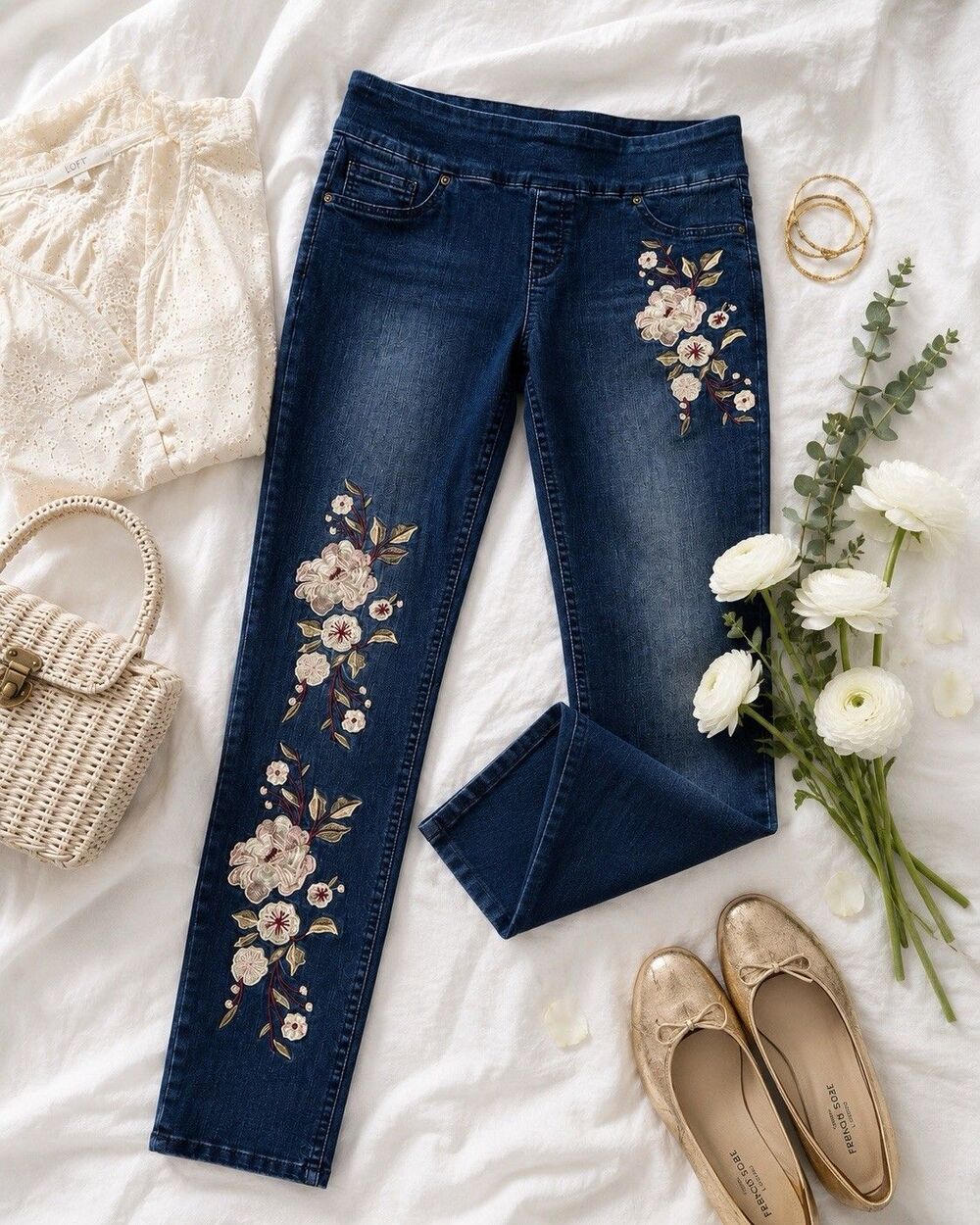 Peck & Peck Embroidered Floral Stretch Pull On Skinny Jeans Size 8